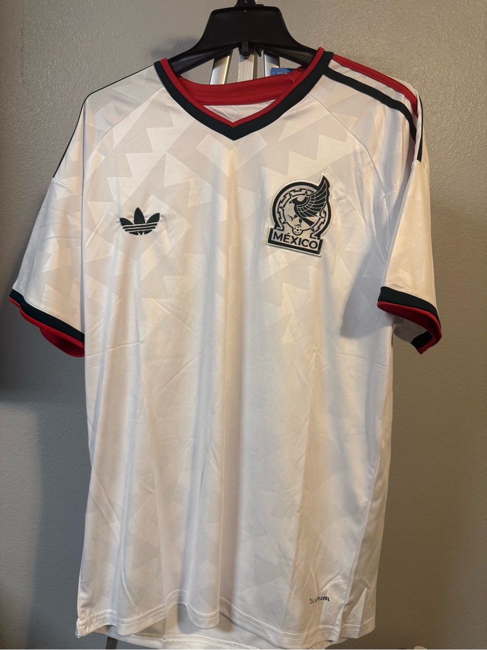 White Mexico Men's Short Sleeve Soccer Jersey with Red and Green Trim